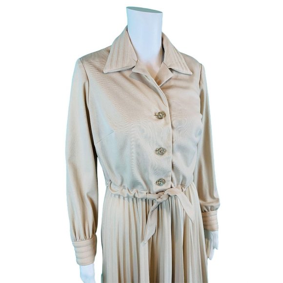 Vintage 70s Dress Set Womens M Khaki Rhinestone Buttons Dramatic Pleated Maxi Sk - Picture 5 of 10